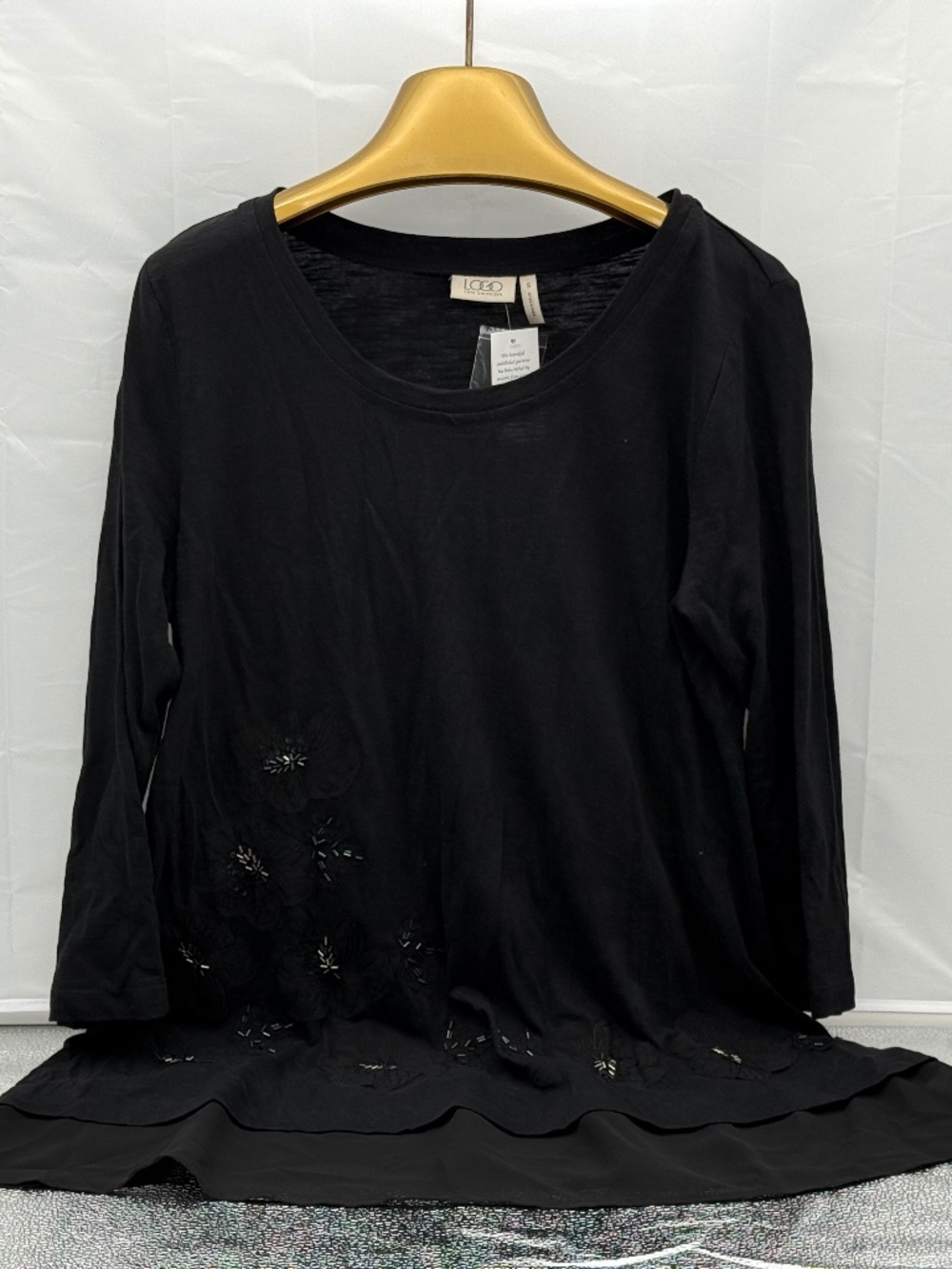 Black Beaded and Appliqué Long-Sleeve Tunic - LOGO Lori Goldstein Small